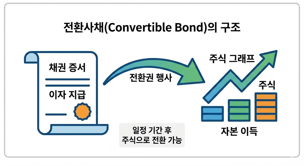 전환사채 : 채권 증서가 화살표를 따라 주식 그래프로 변신하는 과정을 도식화한 인포그래픽