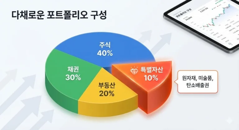 특별자산펀드 : 주식, 채권, 부동산과 별도로 &#039;특별자산&#039; 조각이 강조된 다채로운 포트폴리오 파이 차트