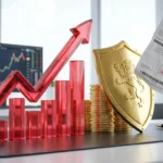 상승하는 붉은색 주식 그래프 화살표 옆에 쌓인 금화를 황금색 방패가 떨어지는 세금 고지서로부터 보호하는 금융 투자 성공 컨셉 이미지