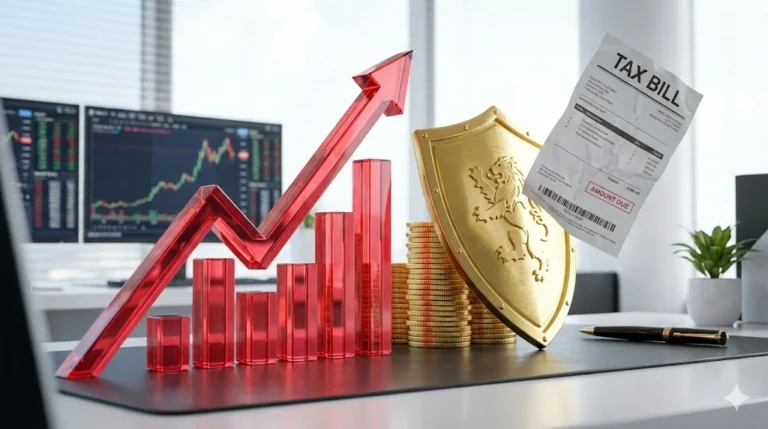 상승하는 붉은색 주식 그래프 화살표 옆에 쌓인 금화를 황금색 방패가 떨어지는 세금 고지서로부터 보호하는 금융 투자 성공 컨셉 이미지