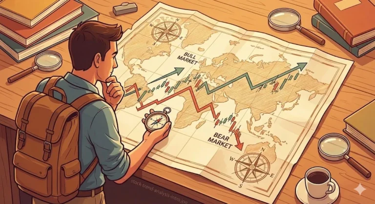 주식 추세 분석 : 나침반을 들고 주식 차트 지도를 보는 투자자 일러스트