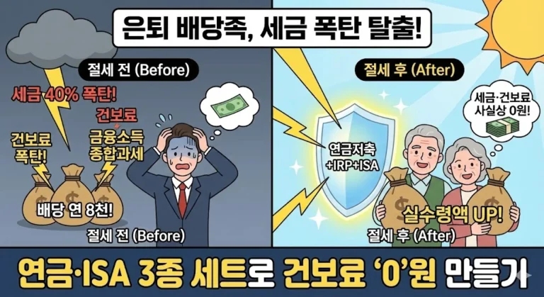 은퇴 후 배당 생활을 꿈꾸시나요? 금융소득종합과세와 건강보험료 폭탄을 피하는 유일한 방법은 연금 계좌 등 절세계좌 활용입니다. ISA 만기 자금 이체 전략부터 비과세 인출 노하우까지 총정리했습니다.