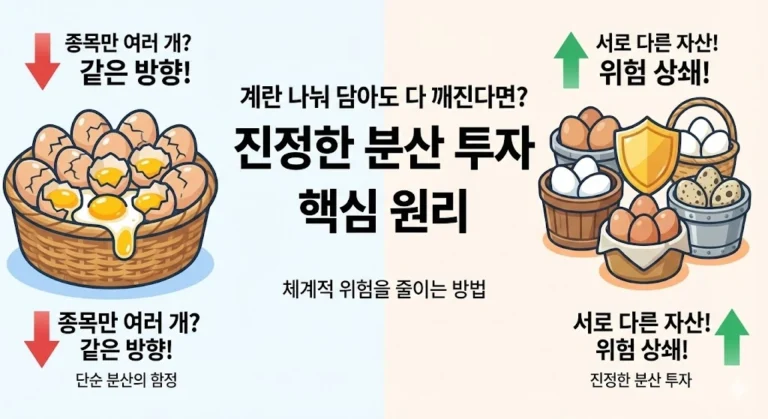 하나의 바구니에 담겨 모두 깨진 계란들과 '종목만 여러 개? 같은 방향!'이라는 문구가 적힌 왼쪽 그림, 여러 바구니에 나누어 담겨 온전한 계란들과 '서로 다른 자산! 위험 상쇄!'라는 문구, 방패 아이콘이 있는 오른쪽 그림이 대비를 이룹니다. 중앙에는 '계란 나눠 담아도 다 깨진다면? 진정한 분산 투자 핵심 원리', '체계적 위험을 줄이는 방법'이라는 제목이 있습니다. 이는 단순 종목 분산의 함정과 서로 다른 자산에 투자하는 진정한 분산 투자의 중요성을 보여주는 썸네일입니다.