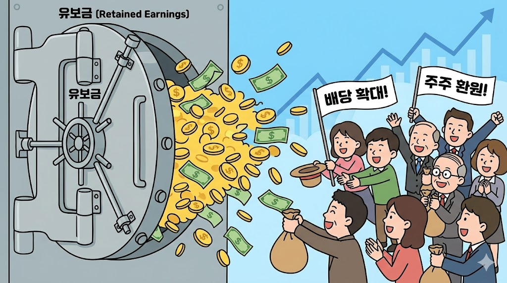 배당소득 분리과세 : 꽉 닫혀있던 금고 문이 열리며 동전들이 쏟아져 나와 주주들에게 전달되는 모습