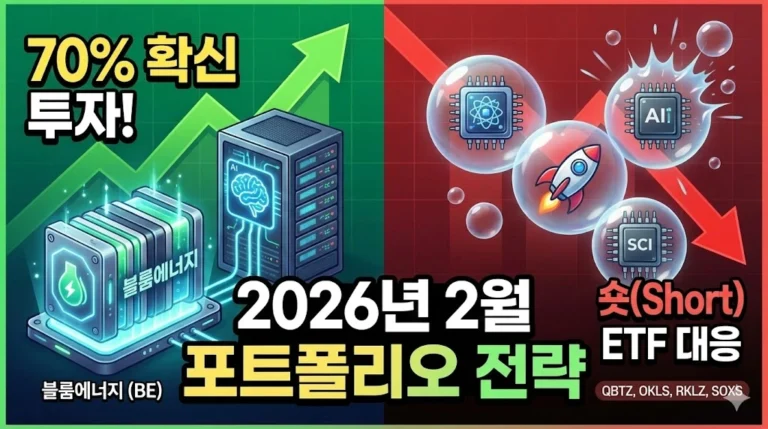 2026년 2월, 블룸 에너지(BE) 비중 70%를 유지하는 이유를 공개합니다. 어닝 서프라이즈를 기록한 실적 분석과 함께 엔비디아-오픈AI 균열에 따른 반도체(SOXS) 및 테마주 숏(Short) 전략까지, 확신과 대응이 공존하는 포트폴리오를 확인해 보세요.